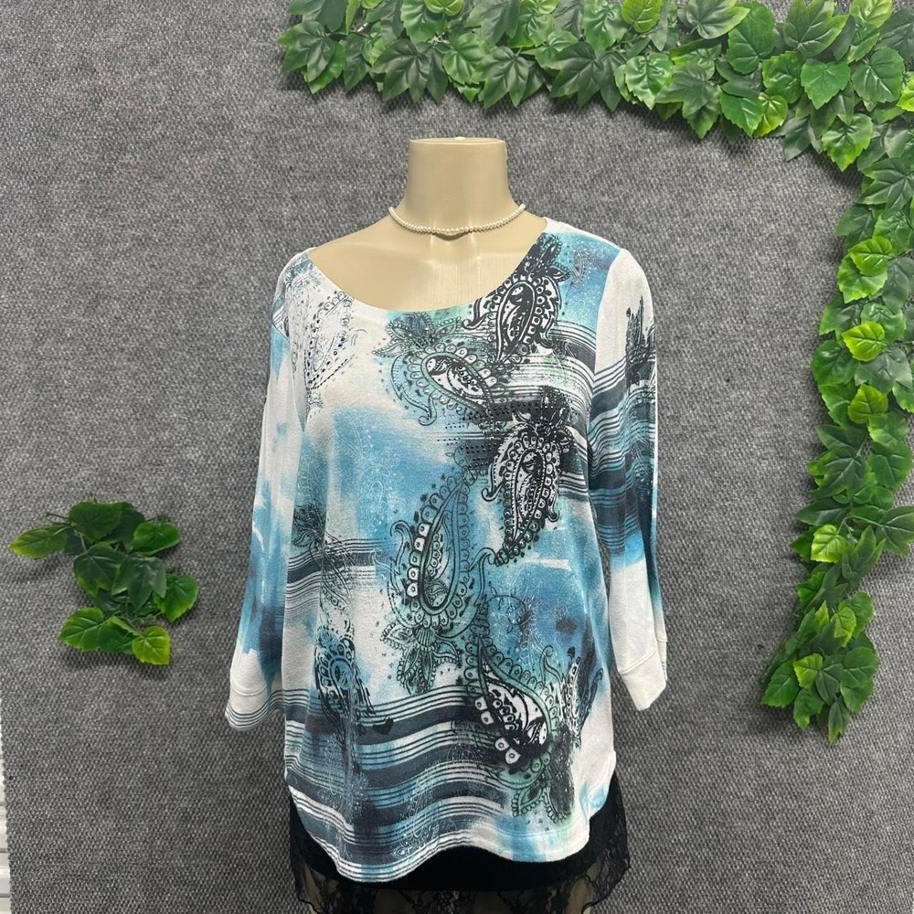 Chico's Zenergy Blue Paisley Rhinestone Top